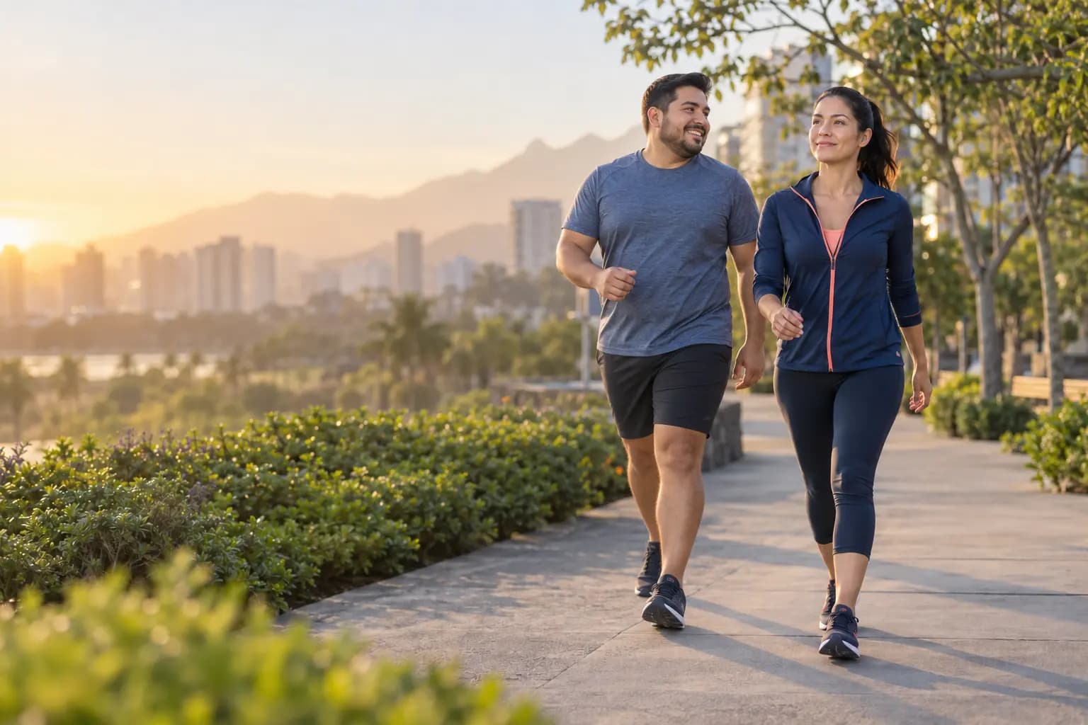 Pareja latina joven caminando con energía al aire libre