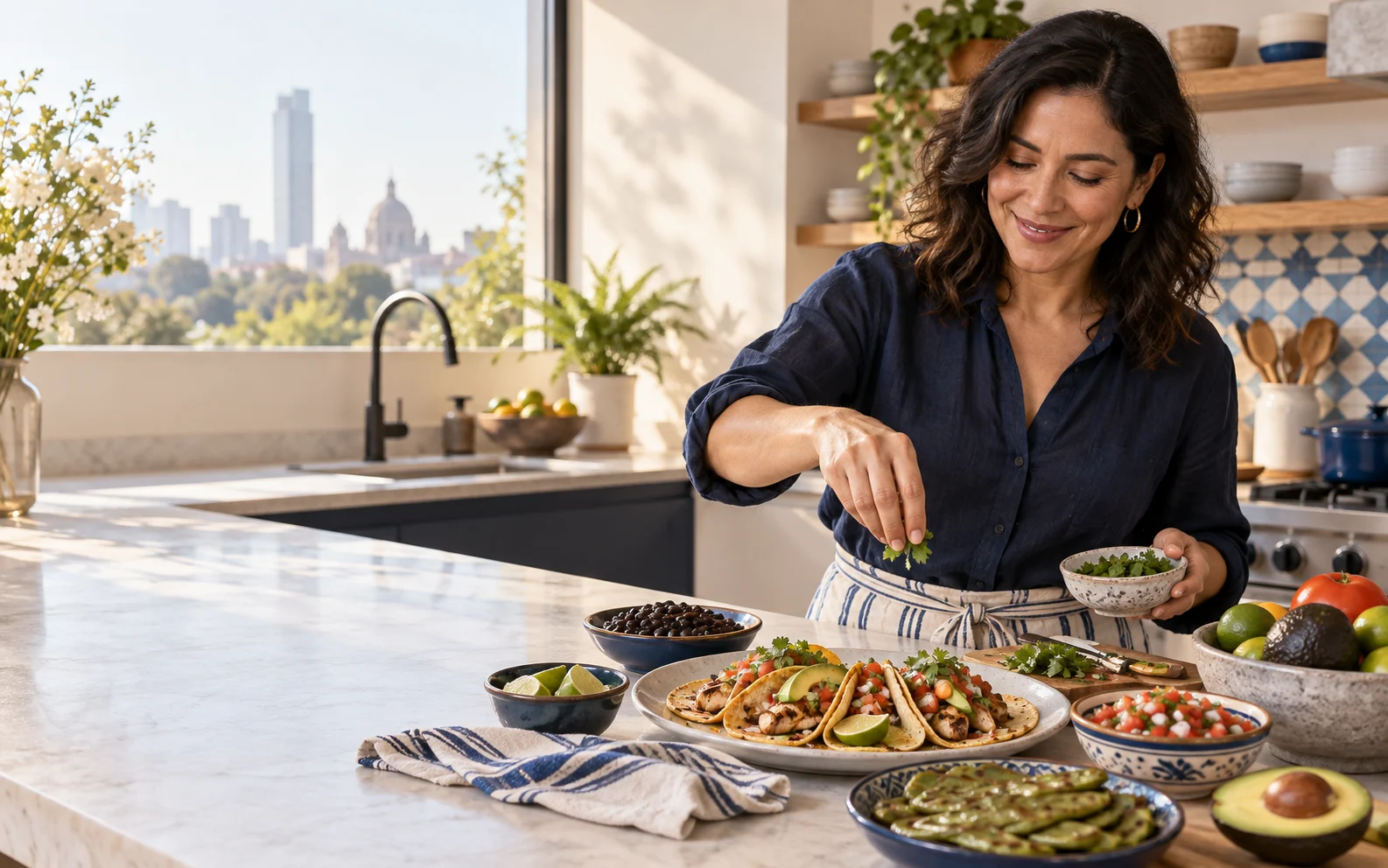 Comida casera mexicana: tacos, frijoles, aguacate y nopales