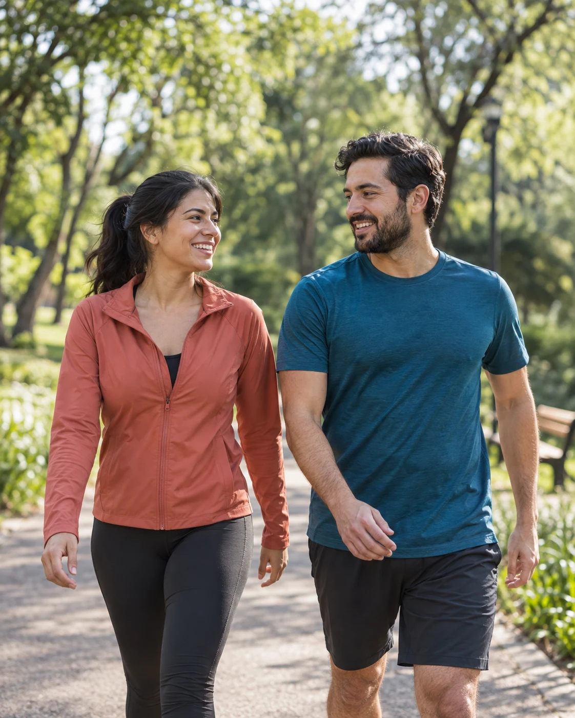 Pareja hispana joven disfrutando una caminata en un parque luminoso